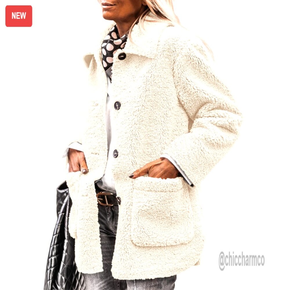 Faux Fur Sherpa Jacket Lapel Button Down Pockets Winter Cozy Outerwear